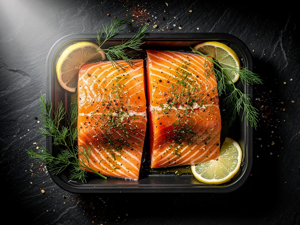 Seasoned salmon fillets, ready to cook